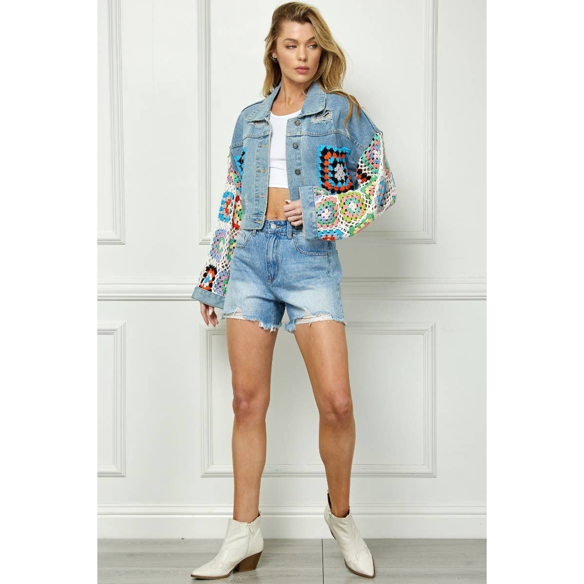 Crochet Contrast Sleeve and Pocket Denim Jacket: Med Wash