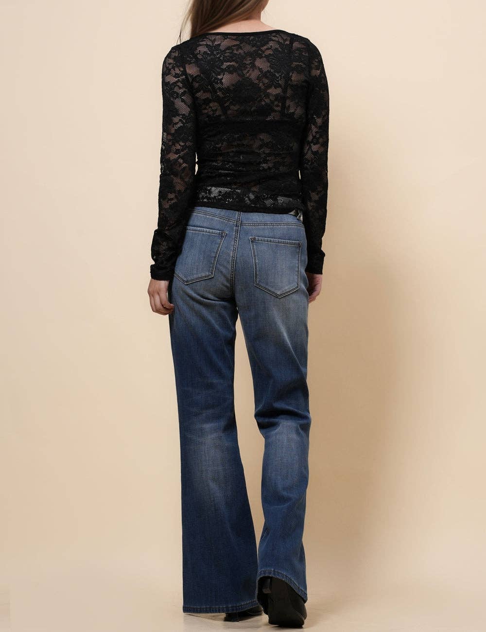 Ladies V-Neck Floral Lace See Sheer Layering Top Pullover