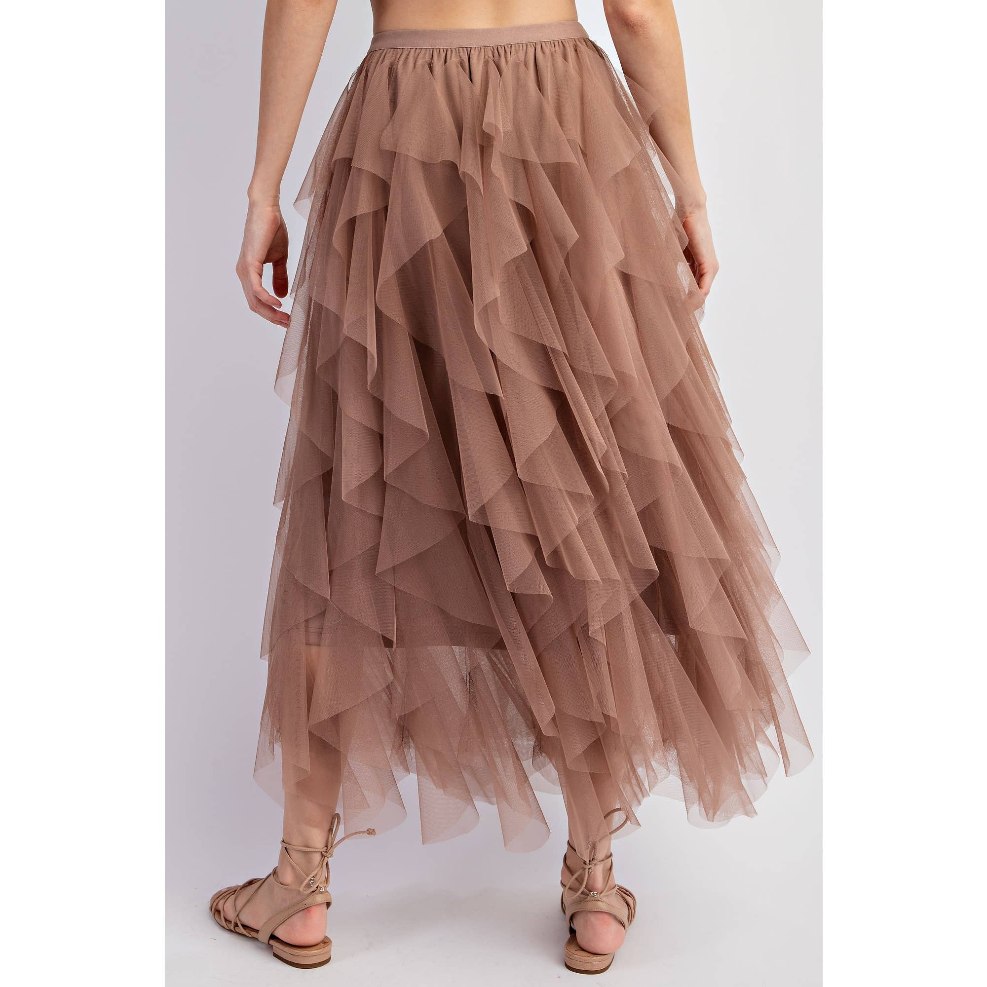 CASCADING TULLE MESH LAYERED MAX SKIRT: Mocha