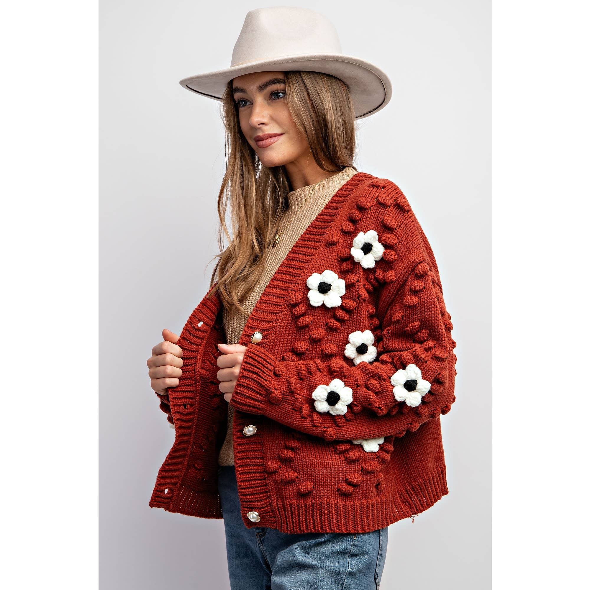 3D FLOWER KNITTING CARDIGAN: Brick