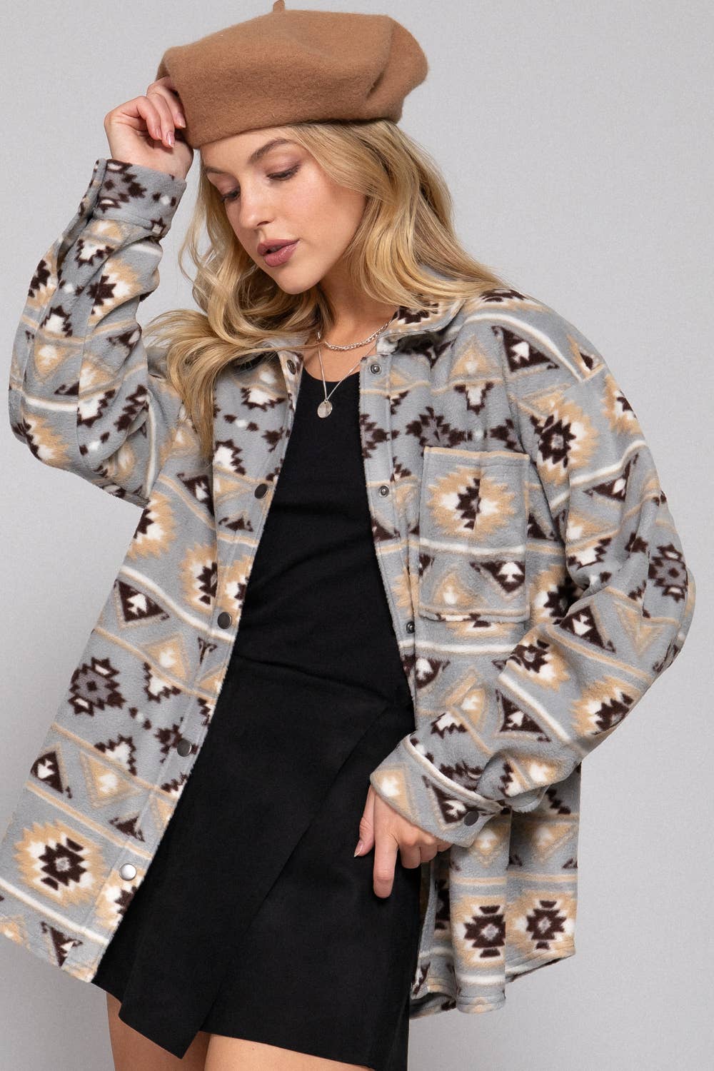 Long Sleeve Printed Fleece Shacket: GRY-grey/taupe