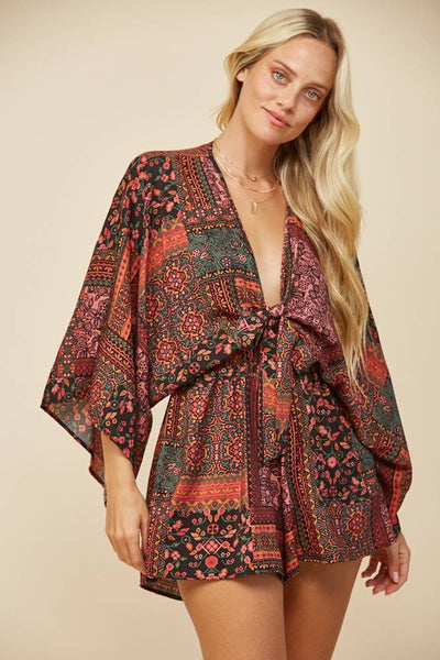 BATWING SLEEVED BOHO MIX PRINT ROMPER W4411RJ: