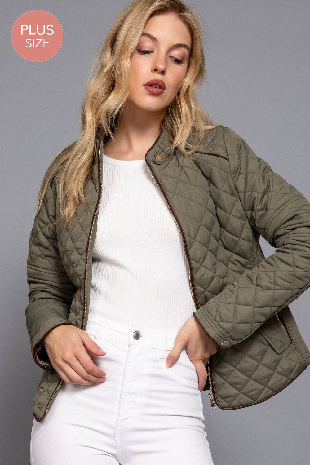 Suede Piping Detail Rib Quilted Padding Jacket: OLV-olive