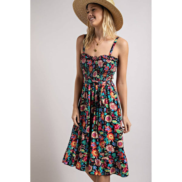 FLOWER PRINT SMOCKING DRESS: Black Combo