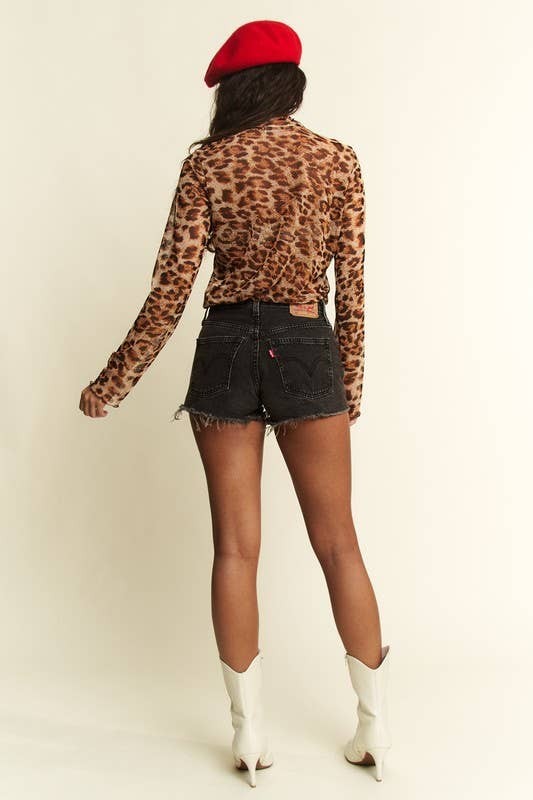 ANIMAL PRINT MESH MOCK NECK TOP: MOCHA BROWN