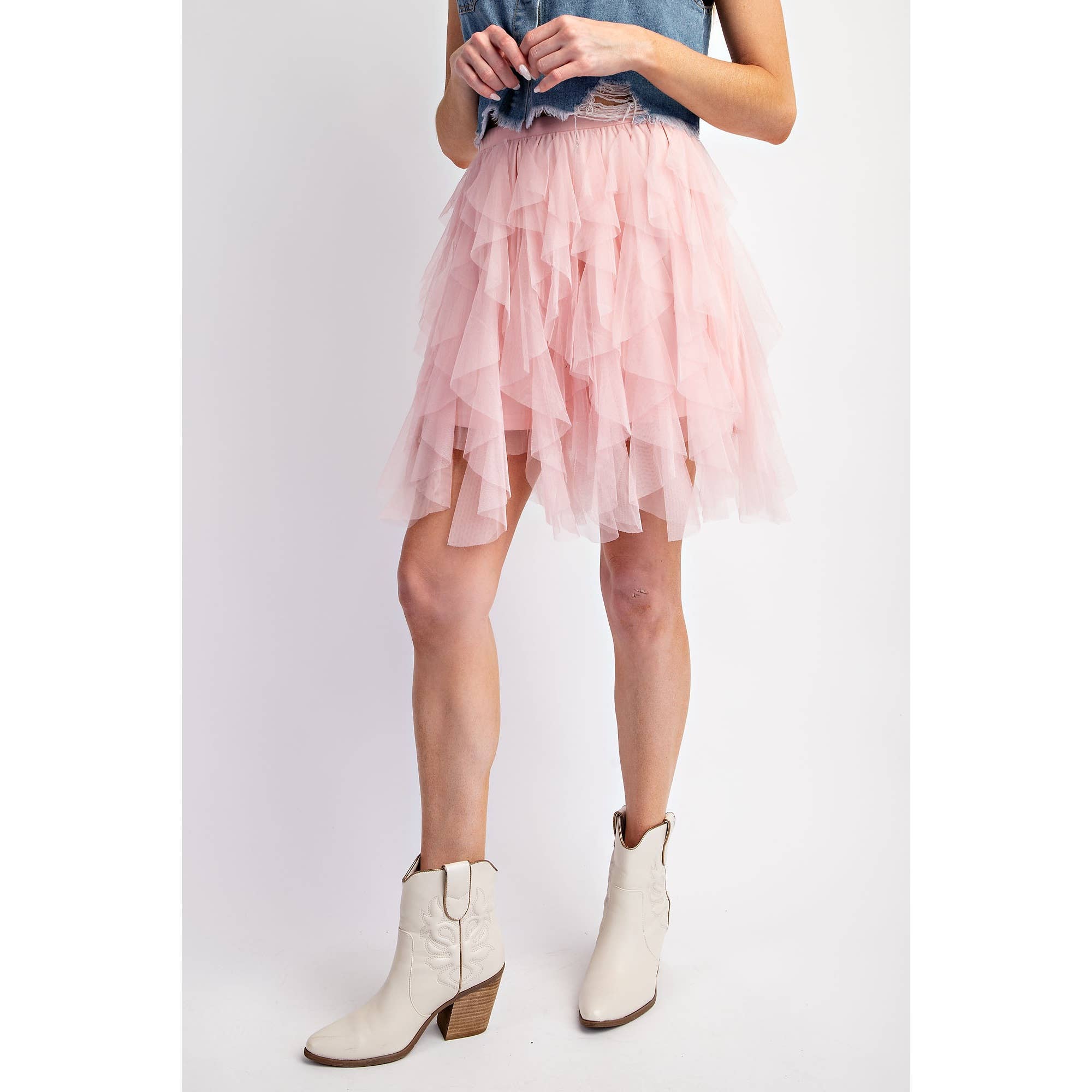 CASCADING TULLE MESH LAYERED MINI SKIRT: