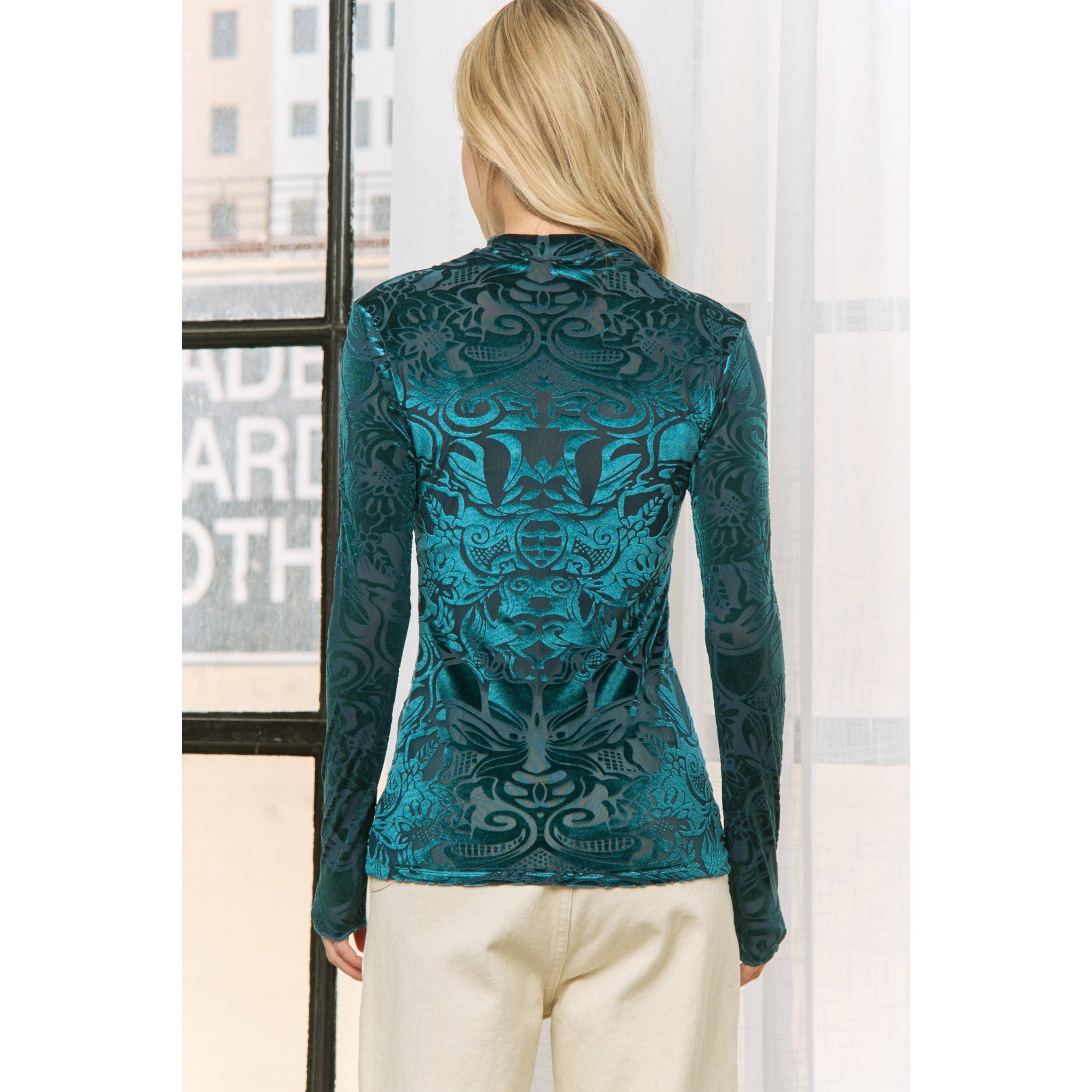 VELVET BURN OUT SLIM FIT HIGH NECKLINE TOP: