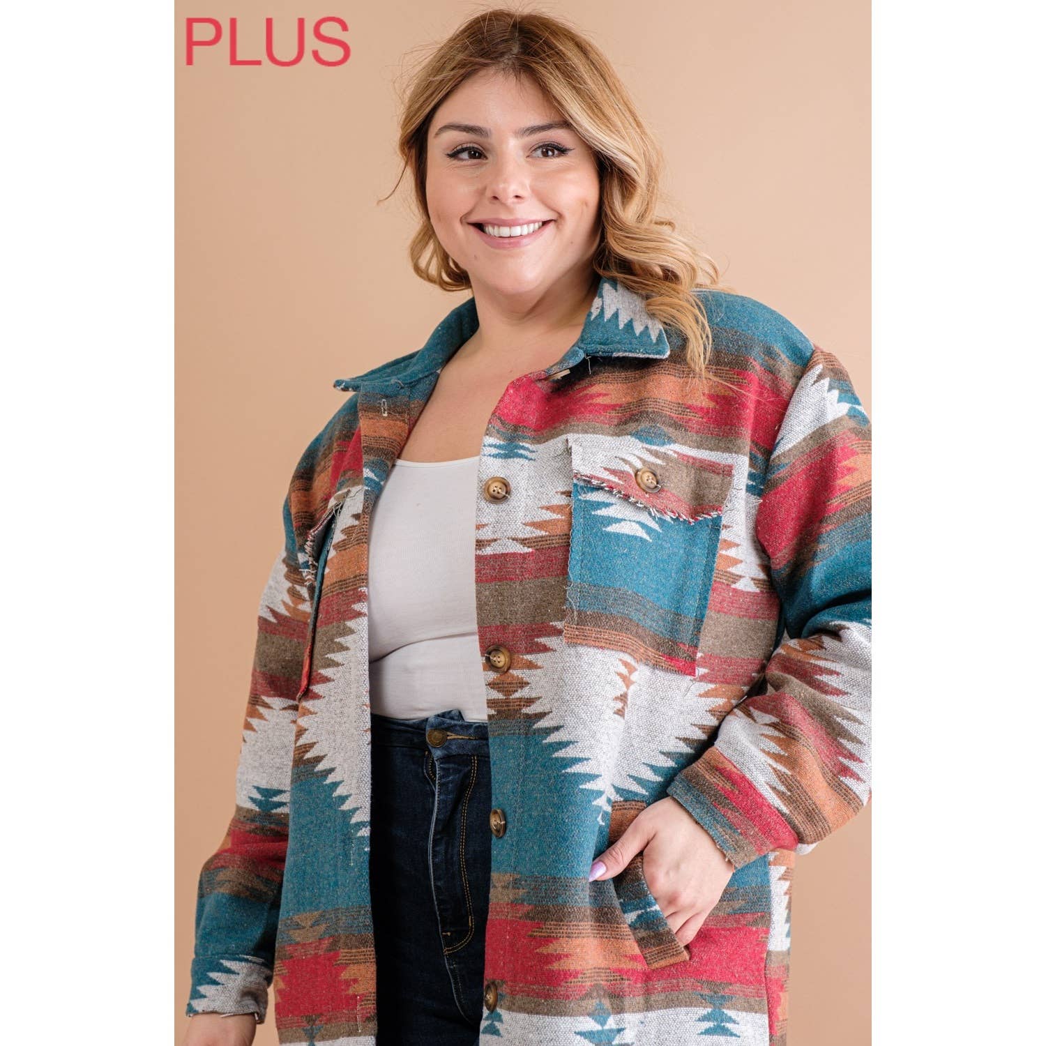 PLUS LONG TRIBAL AZTEC BUTTON DOWN SHIRT JACKET SHACKET: Rust / Turquoise