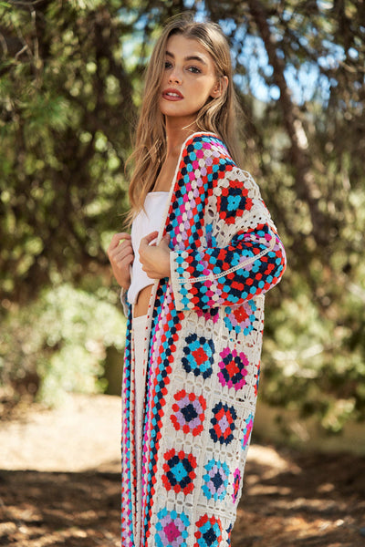 GRANNY SQUARE OPEN MIDI CROCHET KNIT CARDIGAN: ONE / White Multi