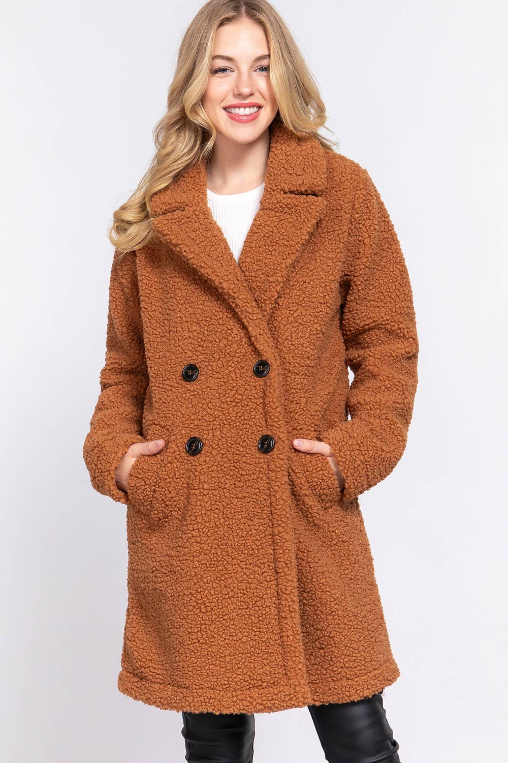 Long Sleeve Double Breasted Faux Fur Teddy Coat: Kha-Camel