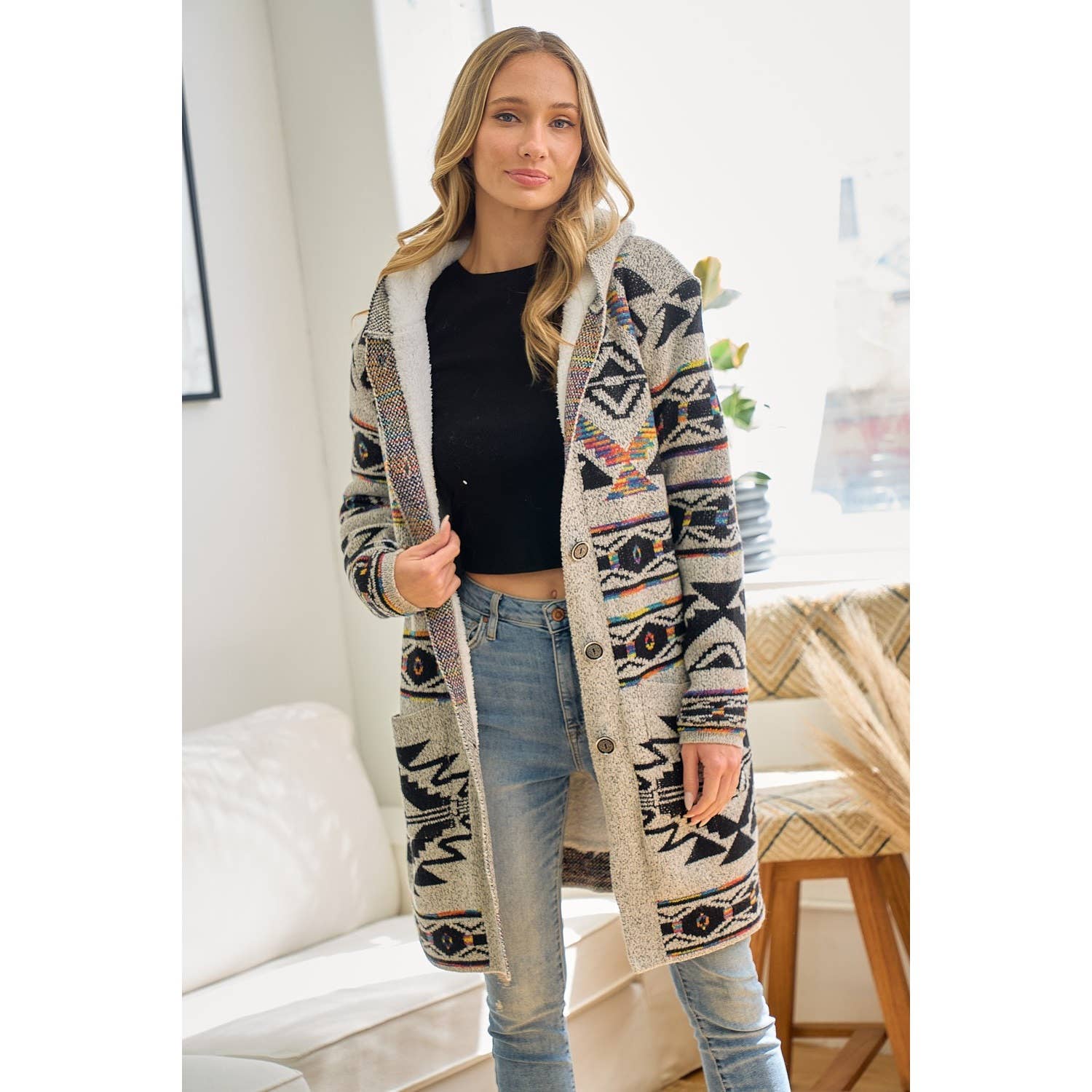 Rainbow Aztec Long Sleeve Hooded Sweater Cardigan: OATMEAL MULTI