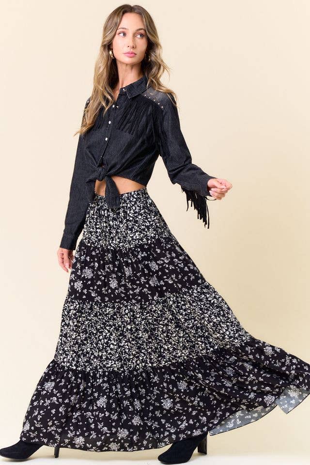 MIXED MEDIA TIERED MAXI SKIRT WITH POCKETS