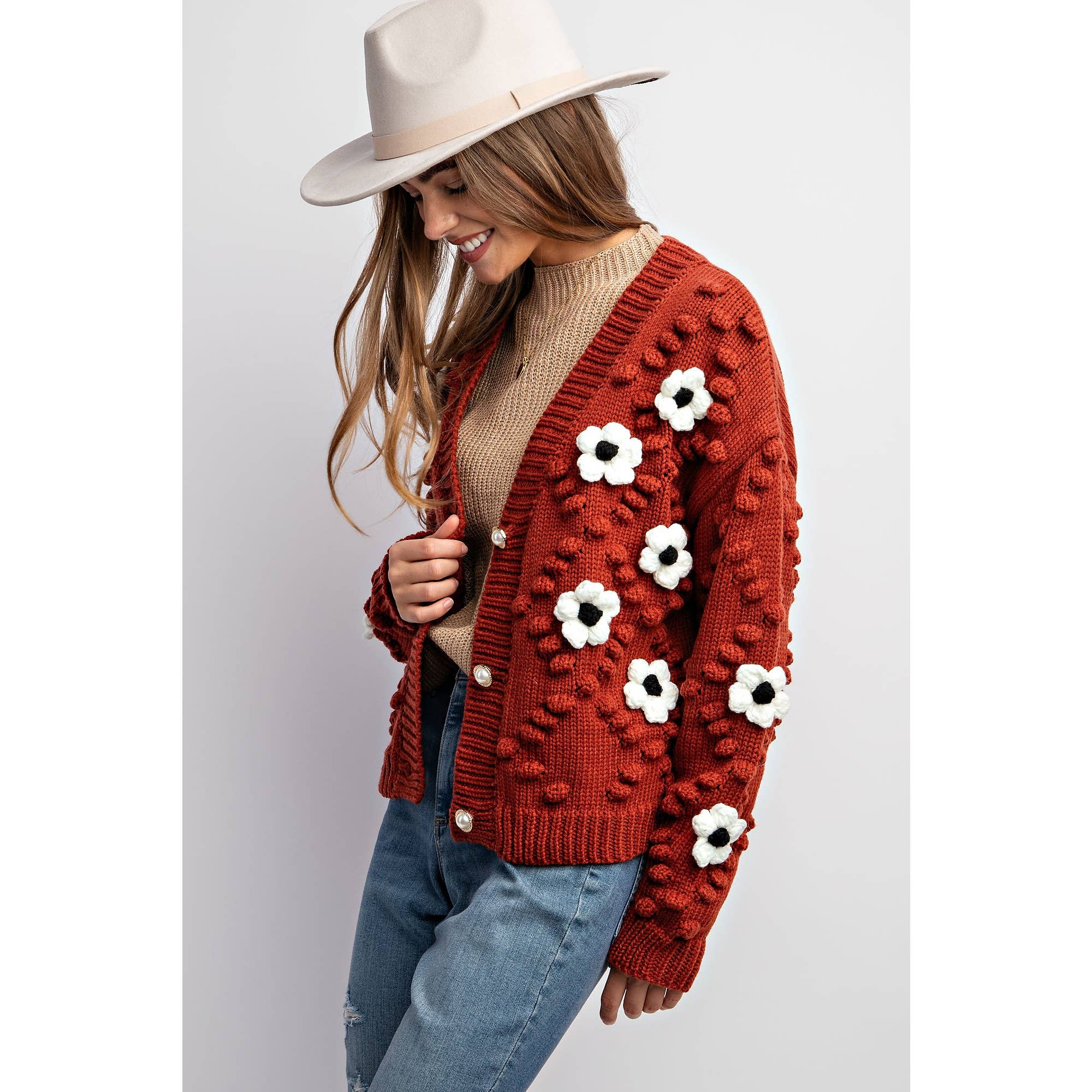 3D FLOWER KNITTING CARDIGAN: Brick