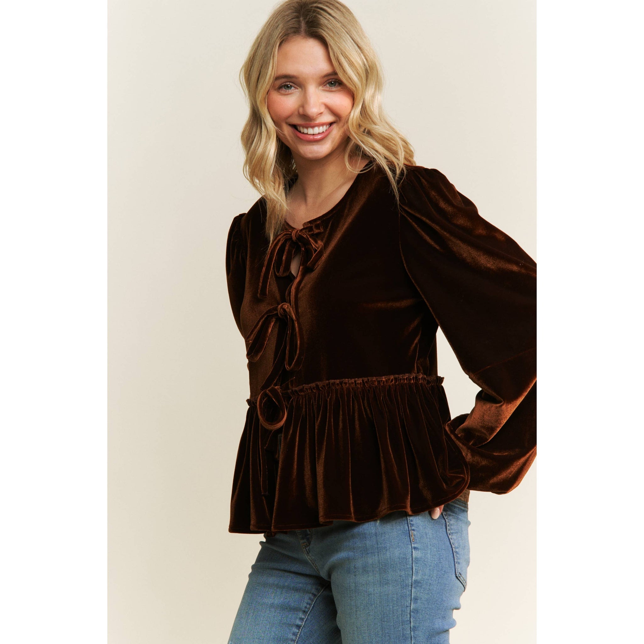 VELVET OPEN FRONT BABYDOLL LONG SLEEVE BLOUSE WITH BOW DETAIL