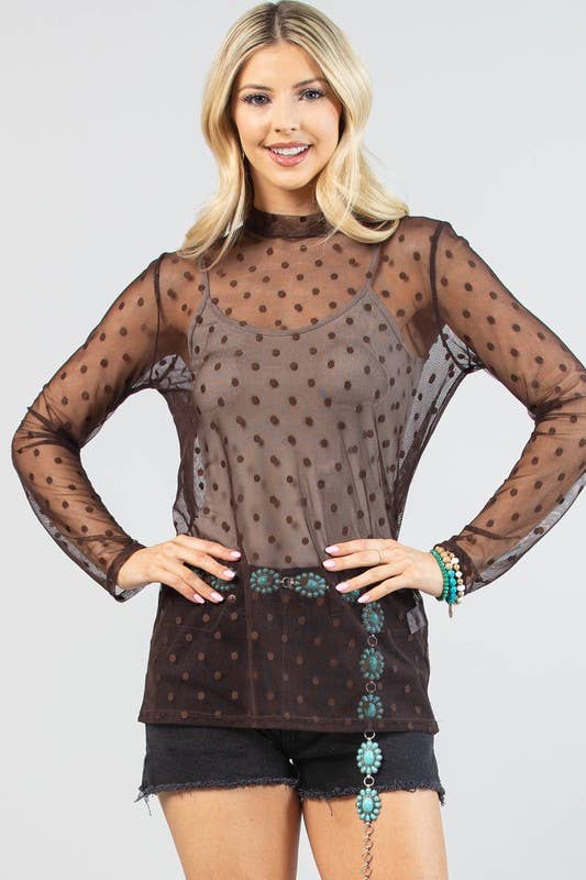 AV1276-POLKA TOP SHEER MESH TOP: Brown