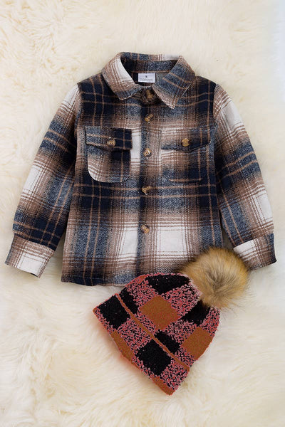 💎KIDS. BROWN/BLACK PLAID SHACKET WITH FRONT POCKETS.