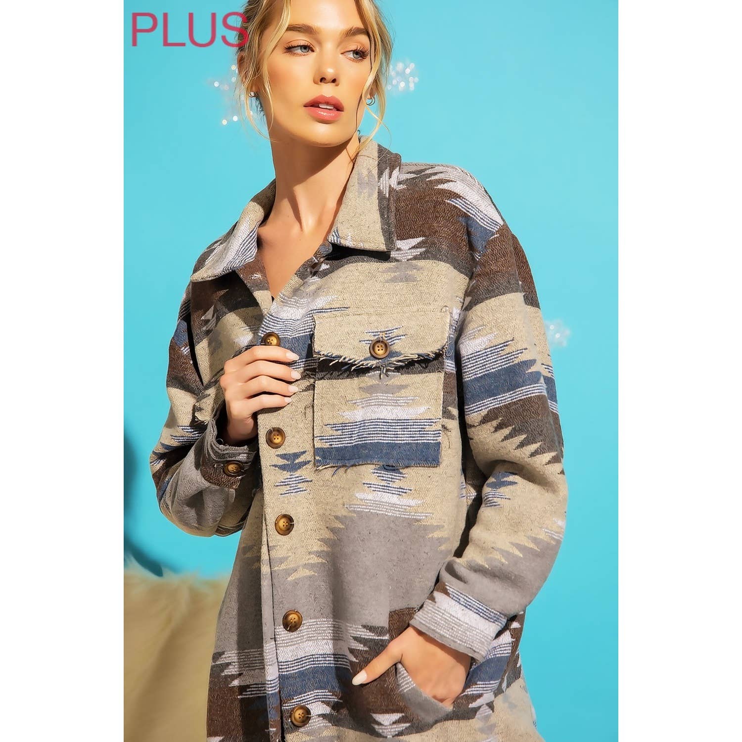 PLUS LONG TRIBAL AZTEC BUTTON DOWN SHIRT JACKET SHACKET:
