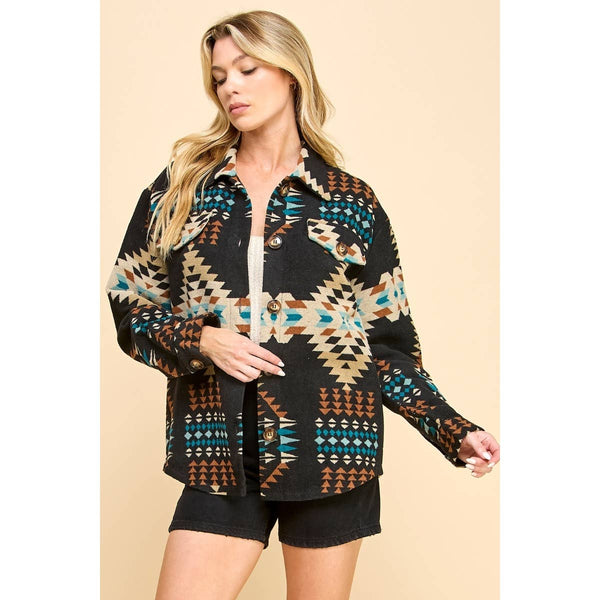 VJ71485 - Aztec Print Shacket : Black Combo