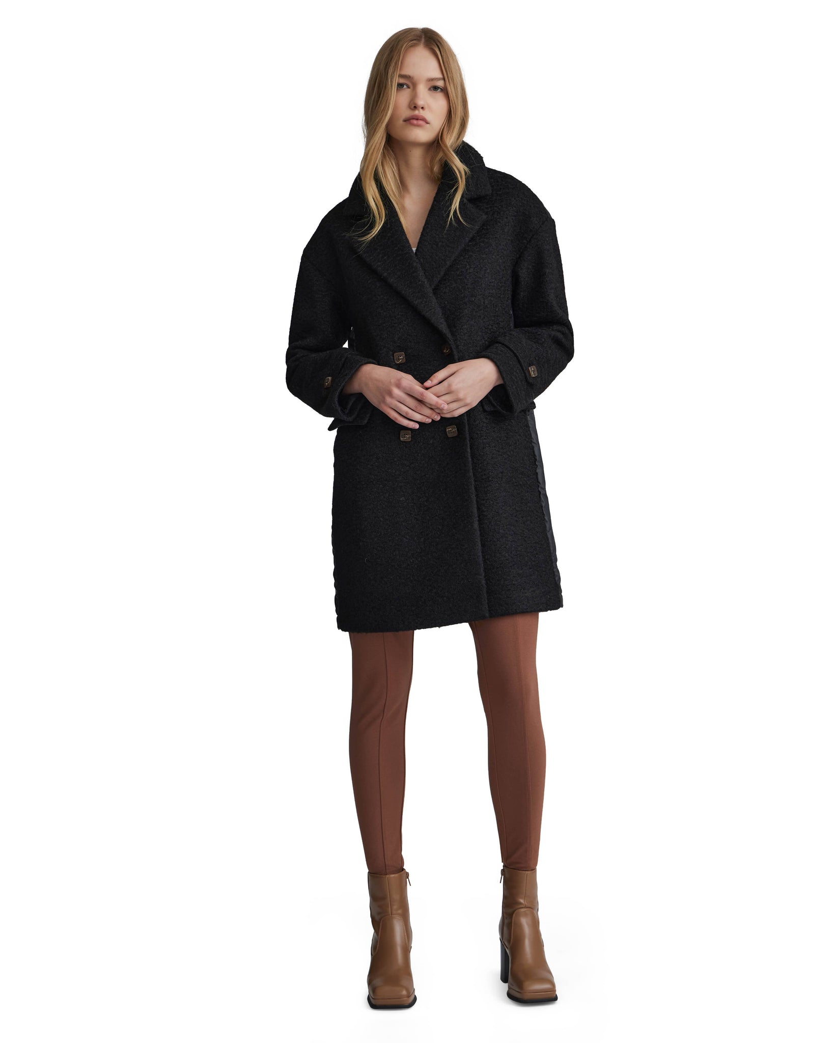 Y4715NVL - BOUCLE MIXED MEDIA PUFFER COAT: Black