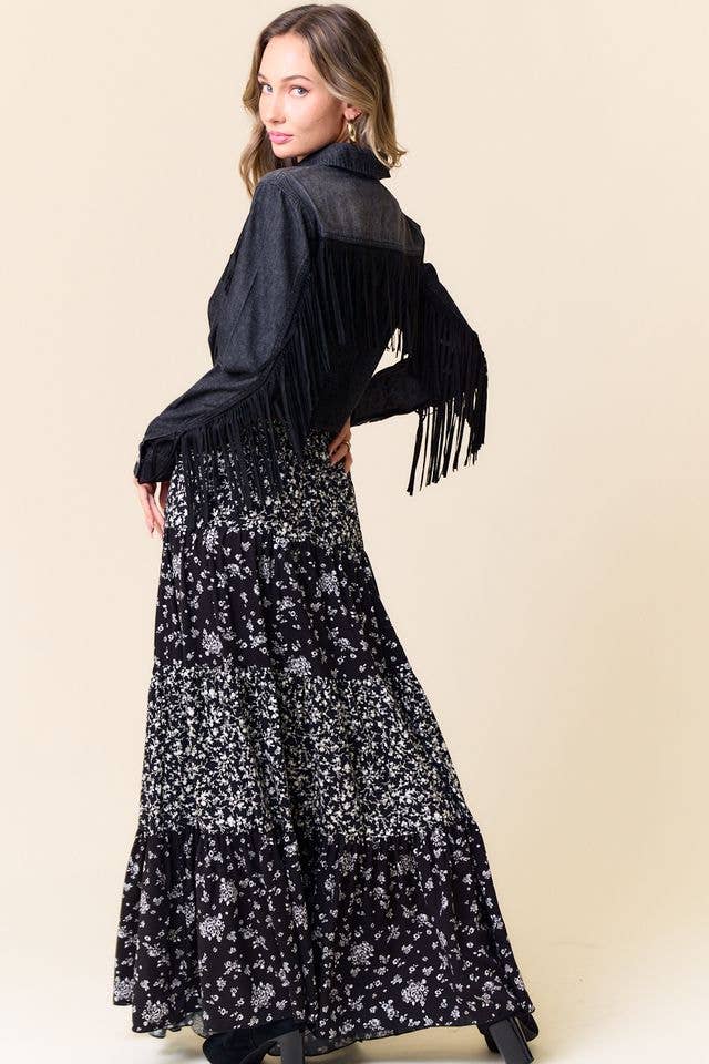 MIXED MEDIA TIERED MAXI SKIRT WITH POCKETS