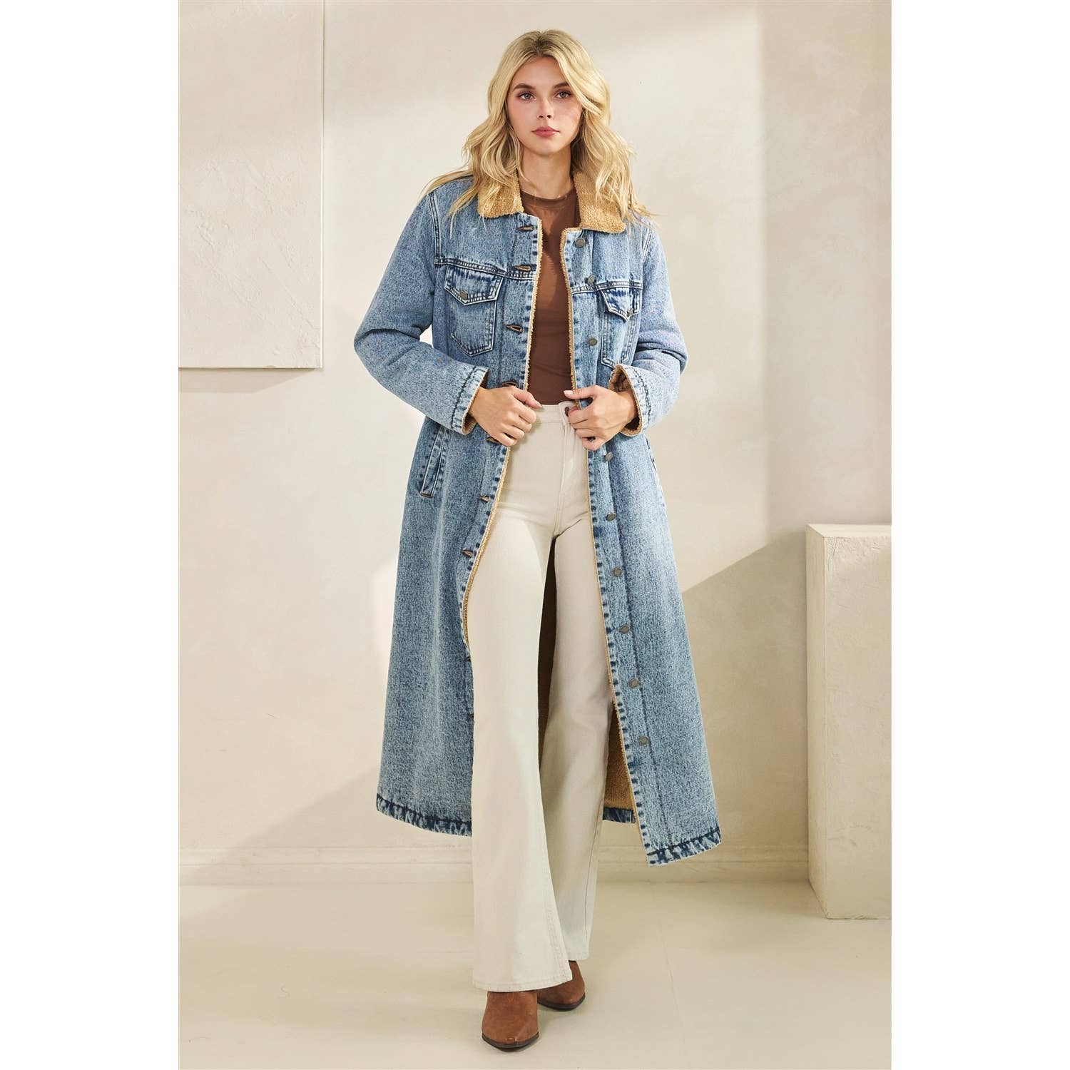 Teddy Lined Long Denim Jacket