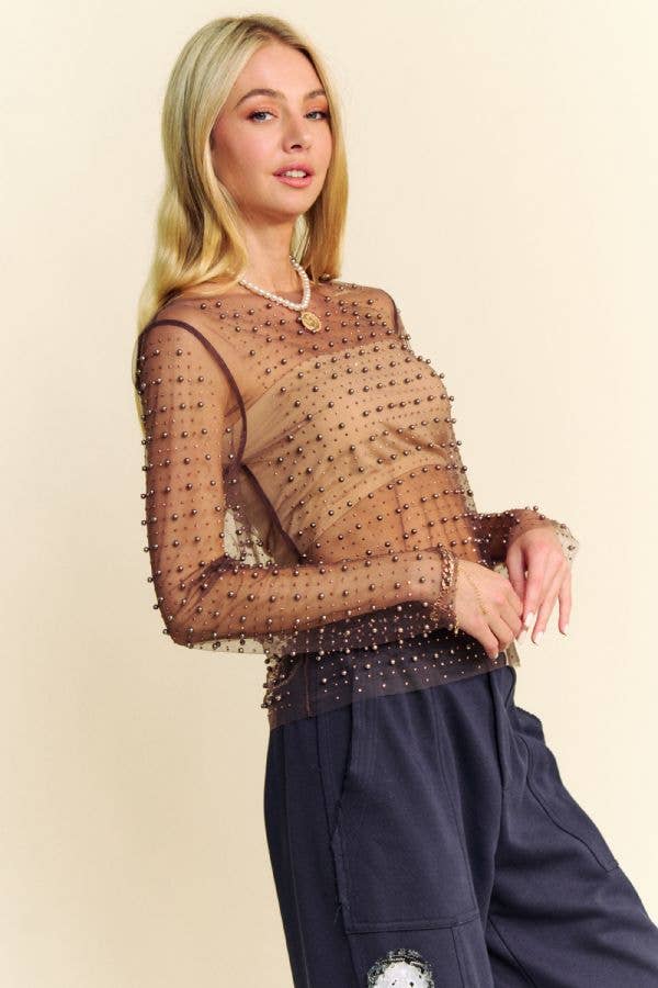 BEAD AND PEARL EMBELLISHED LONG SLEEVES MESH TOP