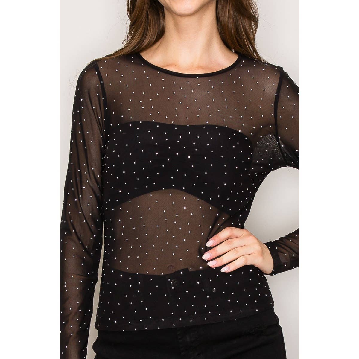 Rhinestone Embellished Mesh Long Sleeve Knit Top: Black