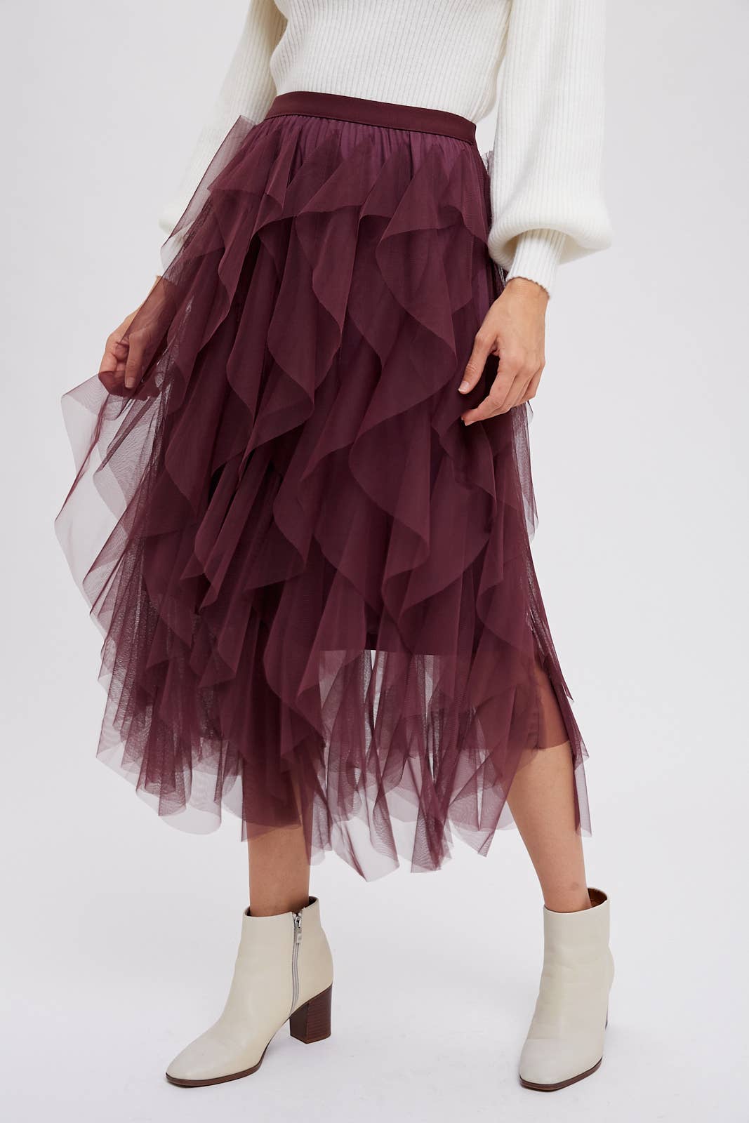 SPRIAL RUFFLED TULLE MIDI SKIRT