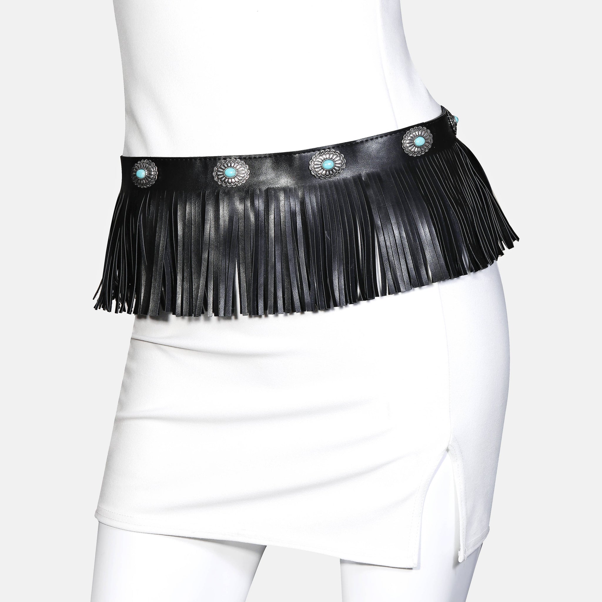 Leather Concho Fringe Belt: SBBLK