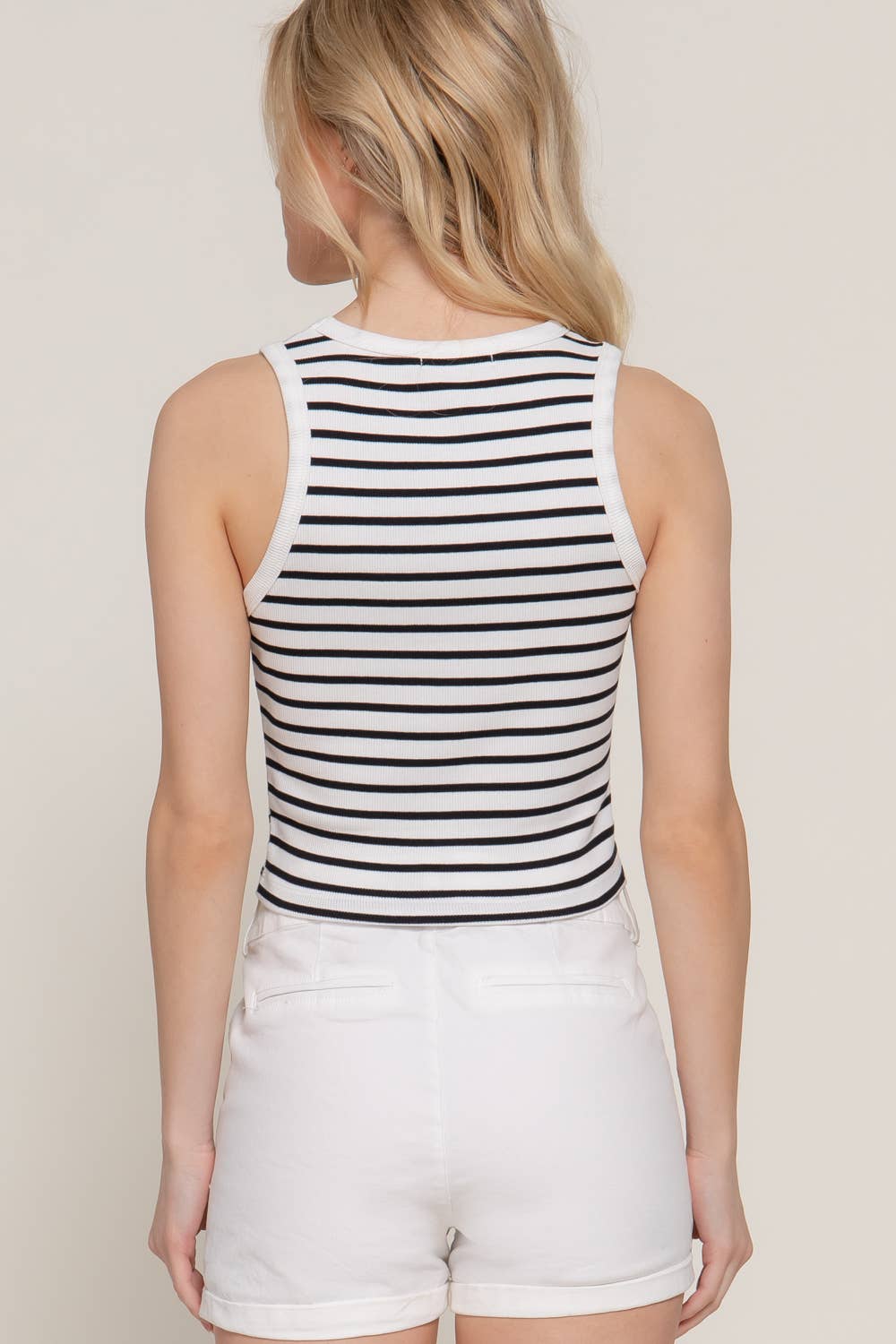 Sleeveless Round Neck Stripe Cotton Rib Knit Top: BLK-off white/black