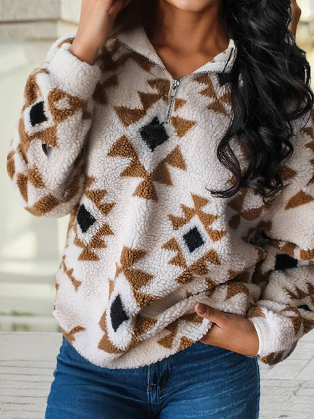 Western Print Sherpa Quarter Zip Collar Sweatshirt: