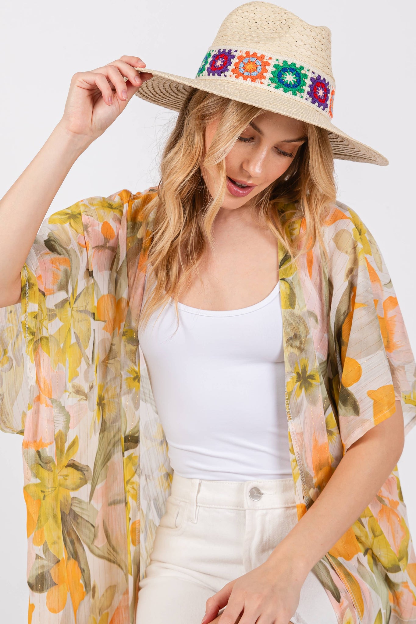 Floral Crochet Band Straw Hat: