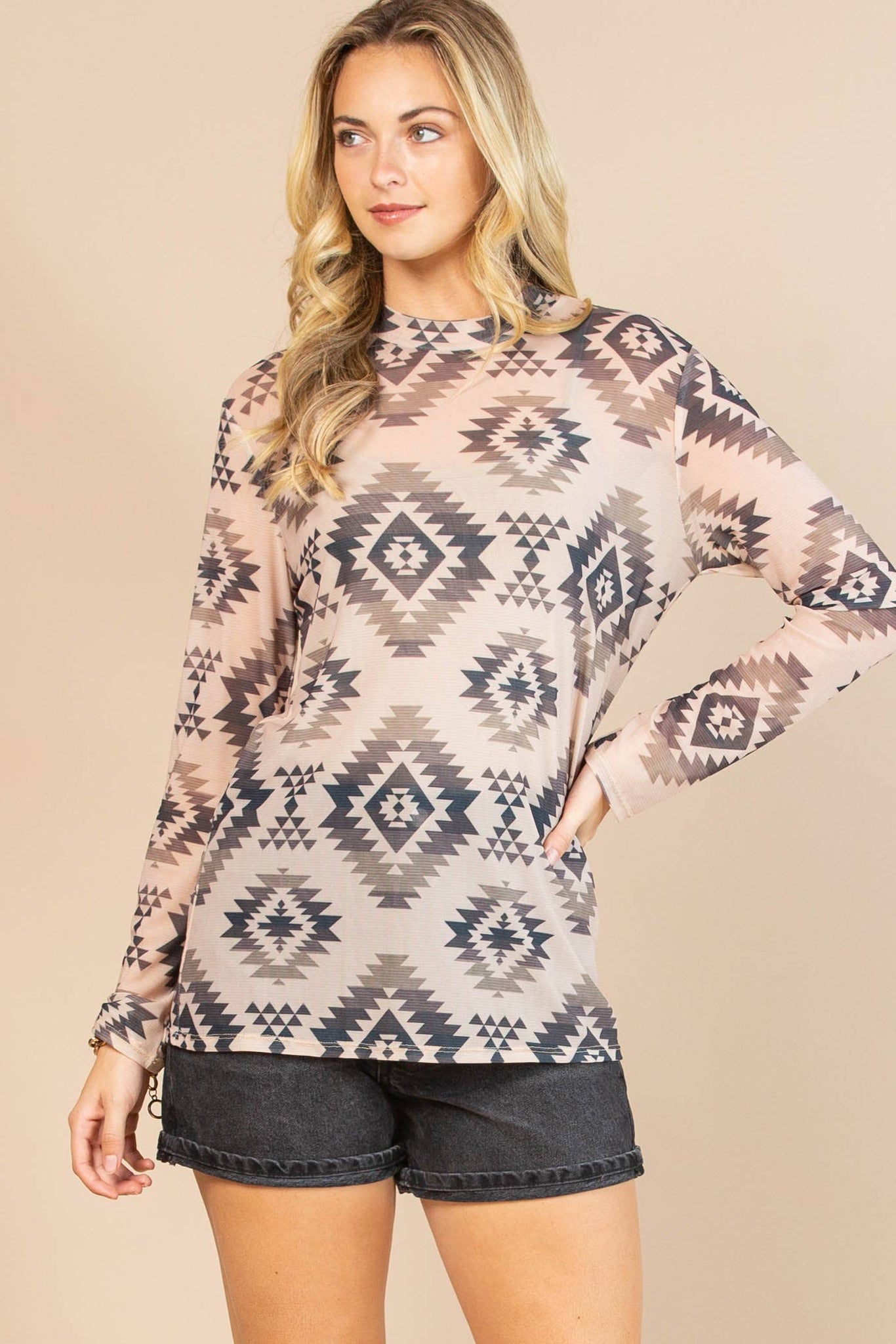 AV1230-MAYA AZTEC PRINT SEMI SHEER MESH TOP: CHARCOAL