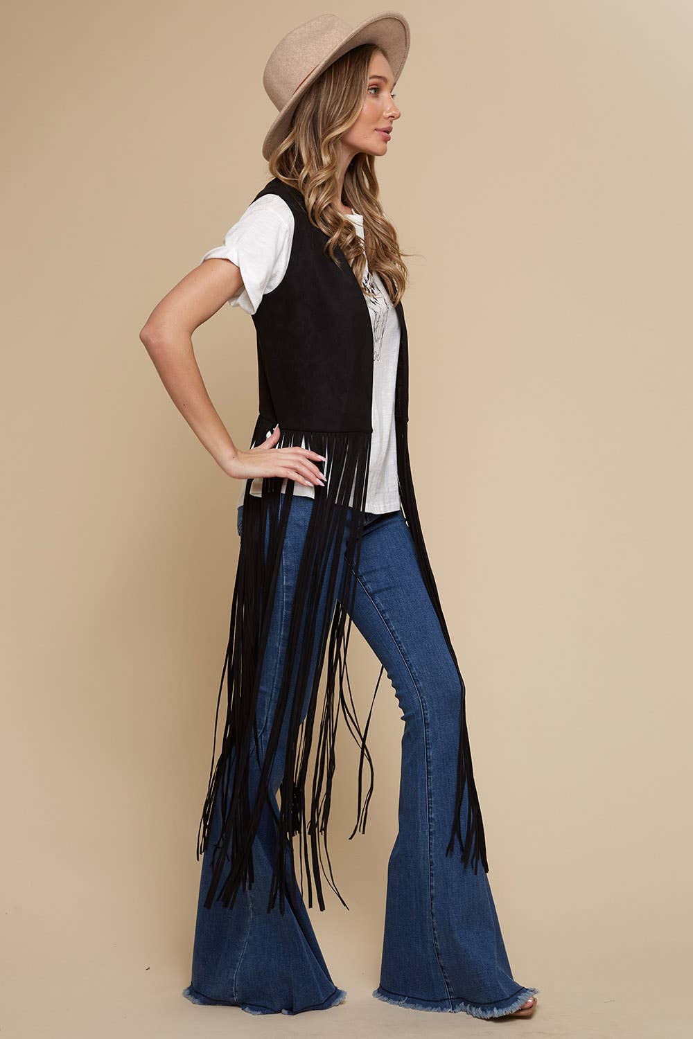 SIJ5201A BLACK LONG FRINGE FAUX SUEDE WESTERN  VEST