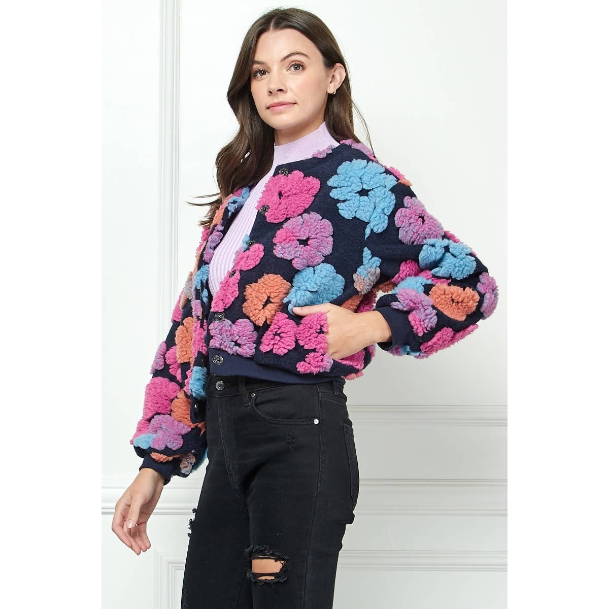 Felted Flower Puff Sleeve Button Jacket: Pink