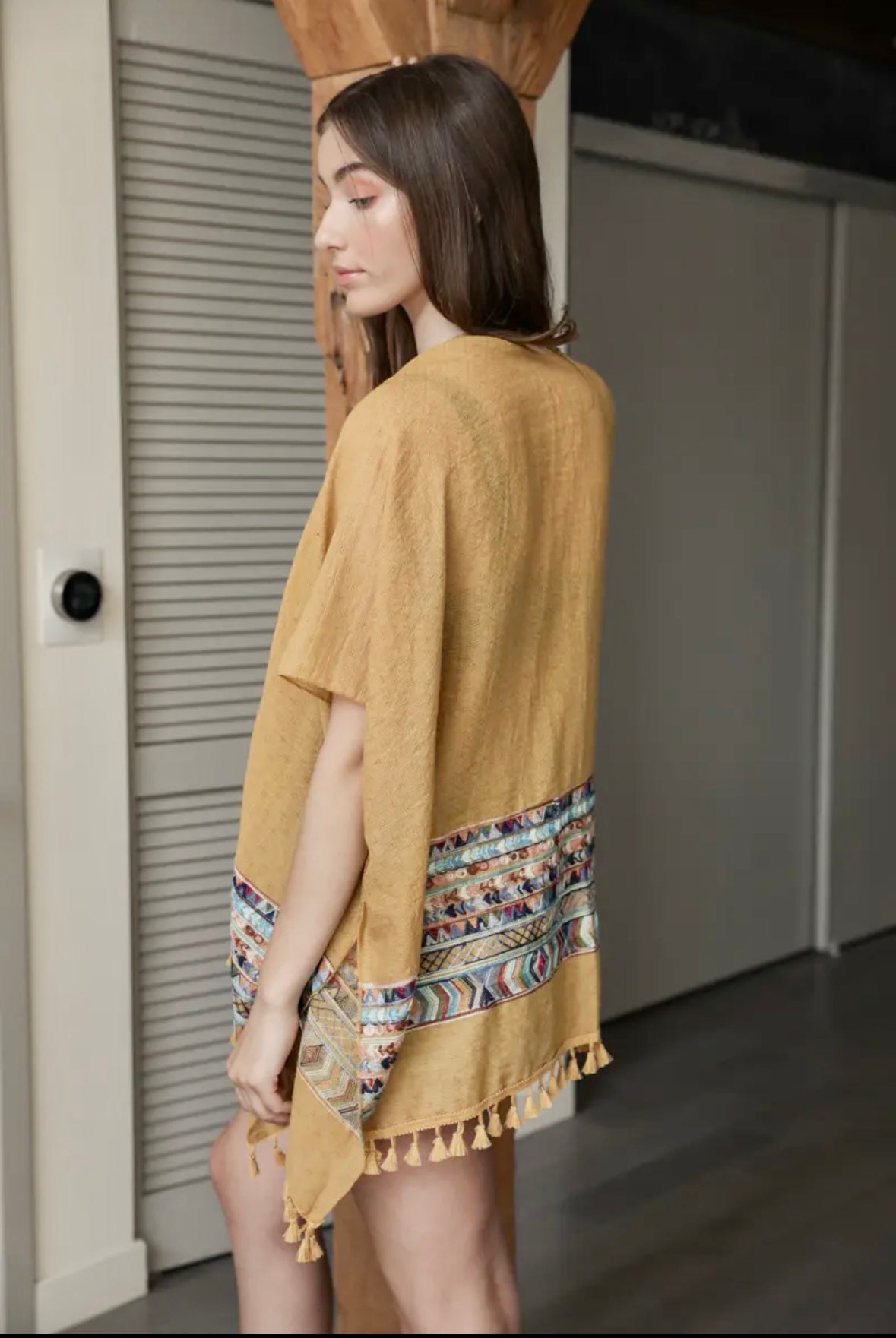 Embroidery Trim Kimono with Tassels: Mustard