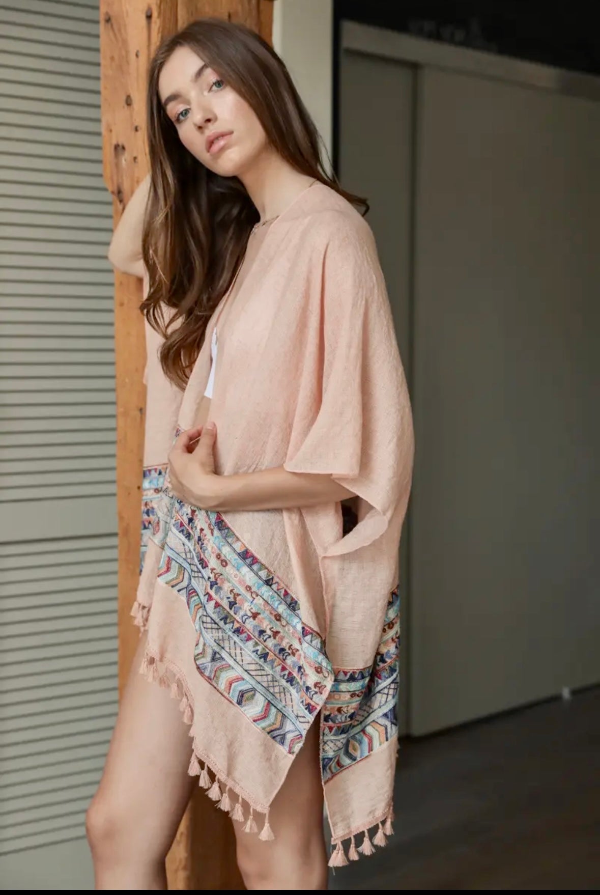 Embroidery Trim Kimono with Tassels: Peach