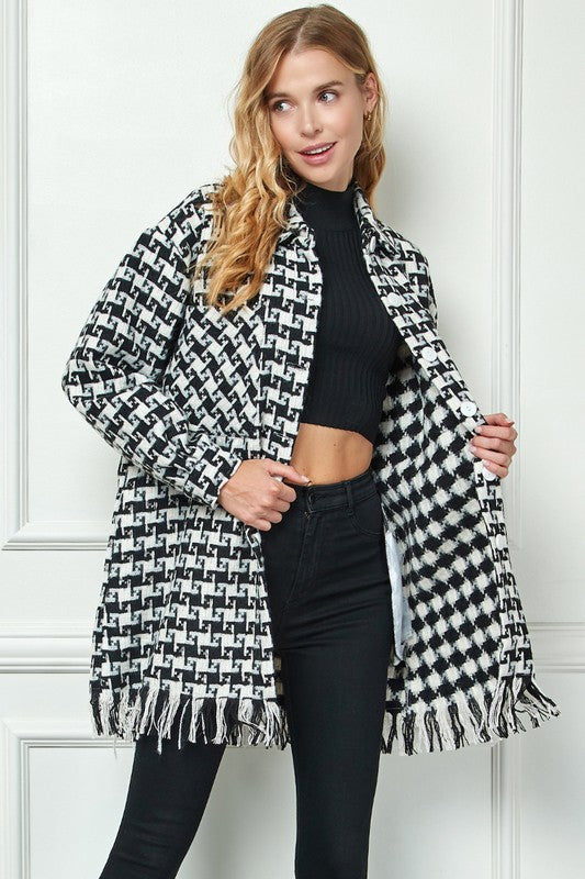 Plaid Checkered Fringe Hem Shacket:/ BLACK