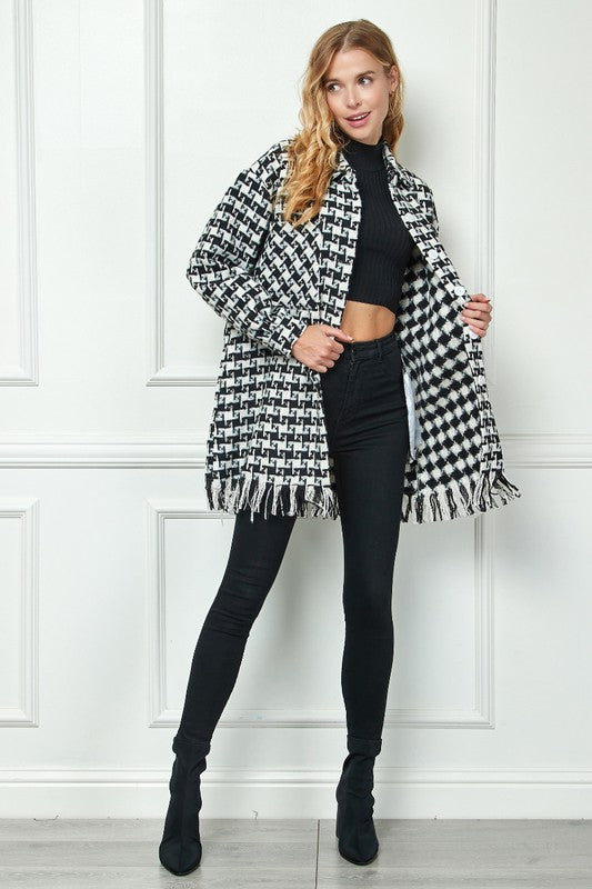 Plaid Checkered Fringe Hem Shacket:/ BLACK