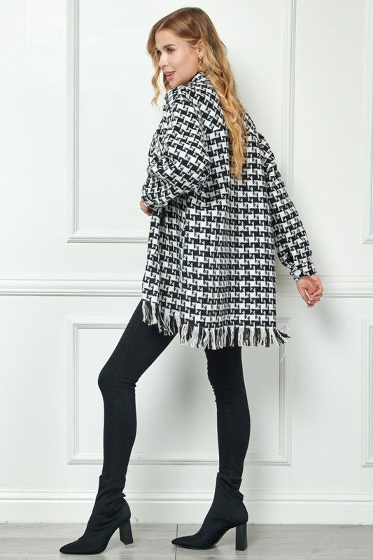 Plaid Checkered Fringe Hem Shacket:/ BLACK