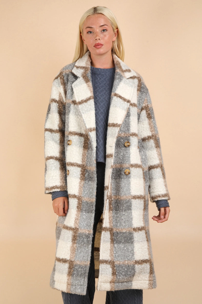 Plaid Soft Fuzzy Button Down Long Coat: GREY MIX