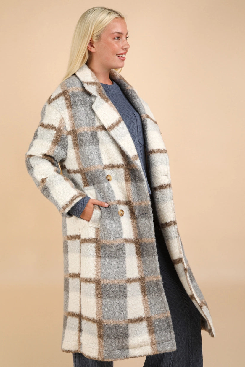 Plaid Soft Fuzzy Button Down Long Coat: GREY MIX