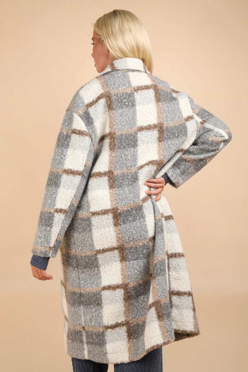 Plaid Soft Fuzzy Button Down Long Coat: GREY MIX