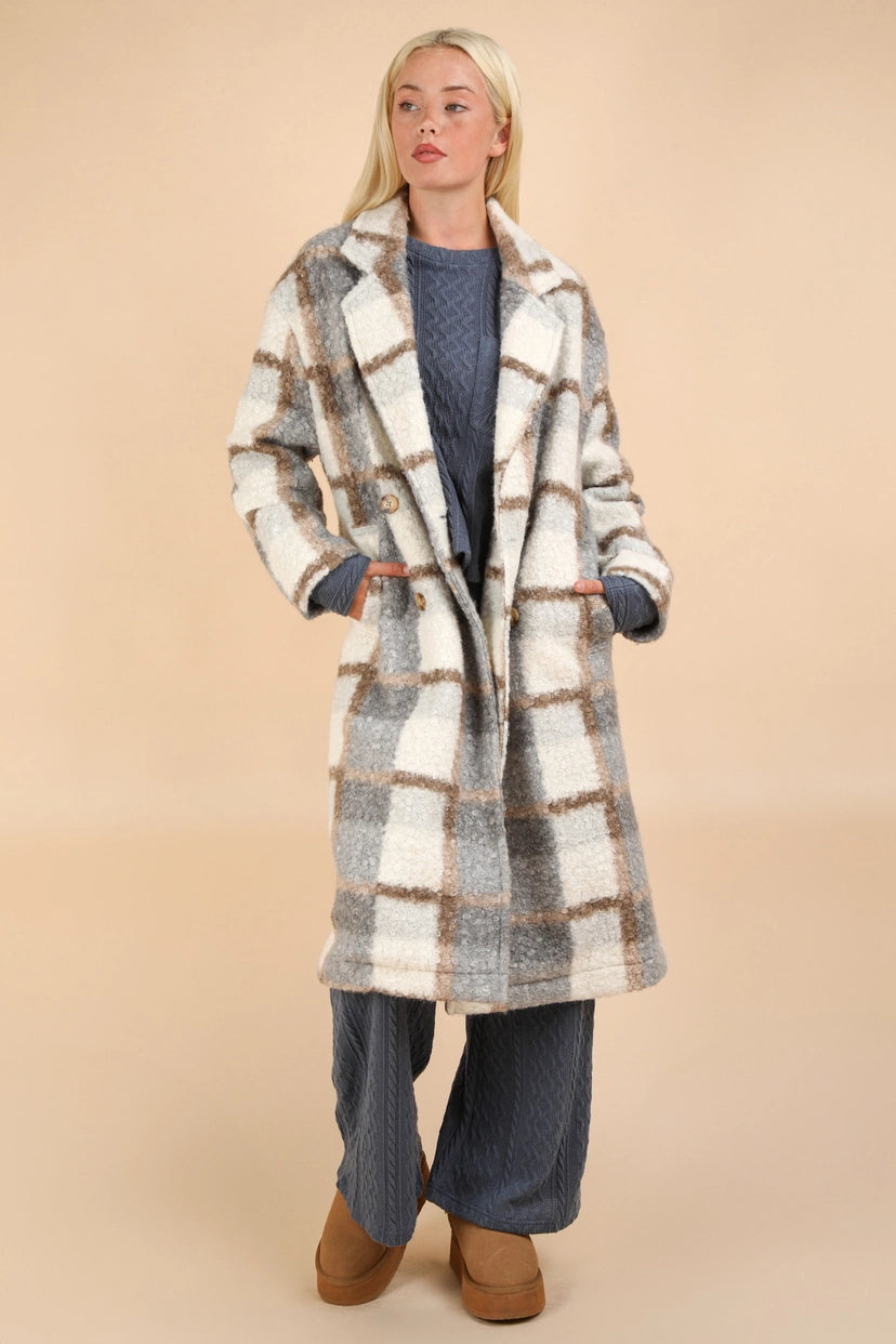 Plaid Soft Fuzzy Button Down Long Coat: GREY MIX