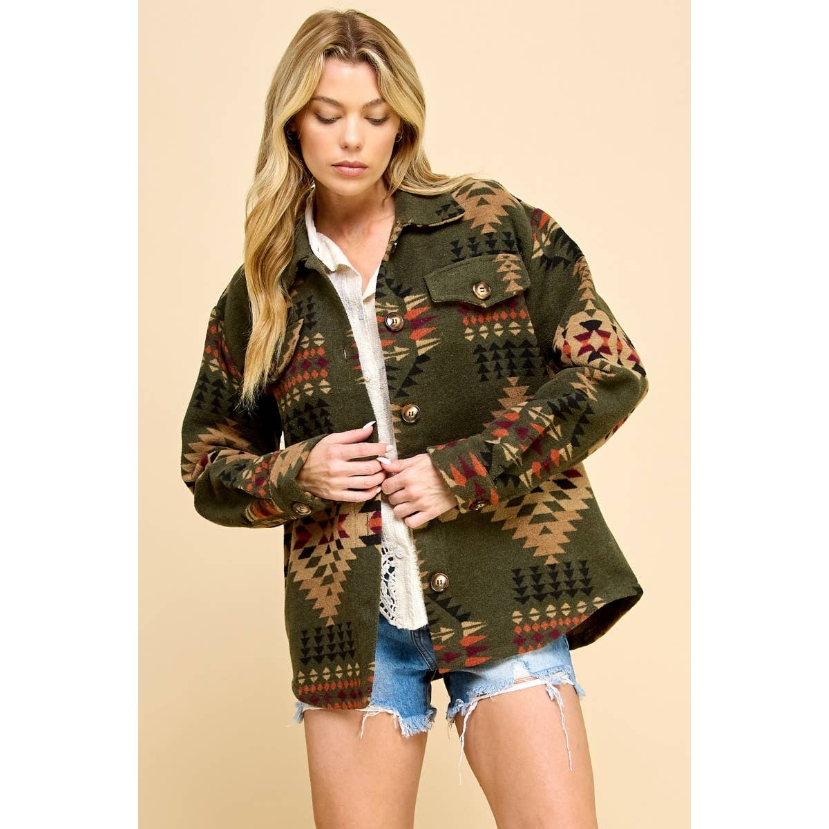 VJ71485 - Aztec Print Shacket : Olive Combo