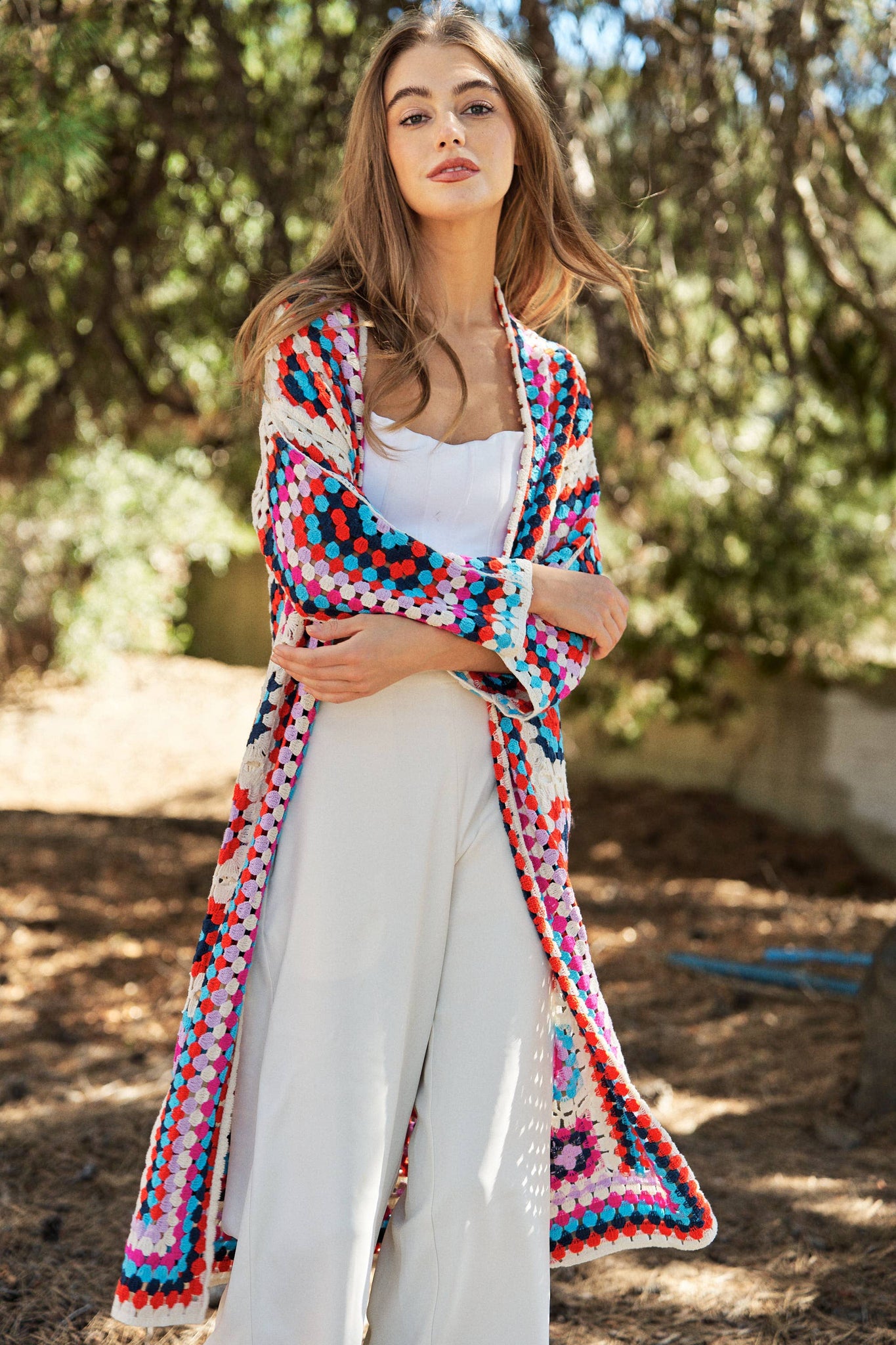 GRANNY SQUARE OPEN MIDI CROCHET KNIT CARDIGAN: ONE / White Multi