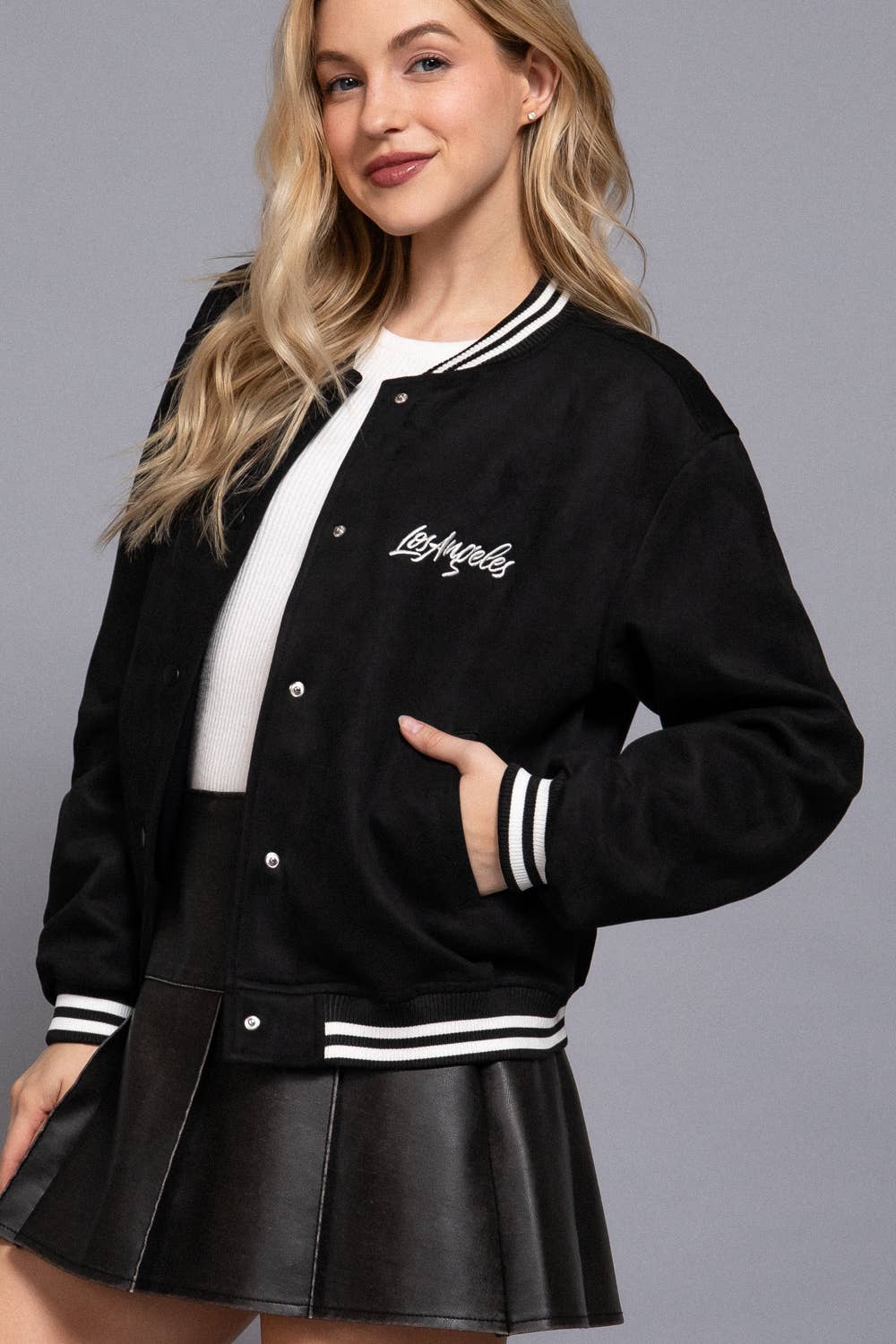 Long Sleeve Embroidery Detail Faux Suede Varsity Jacket: BLK