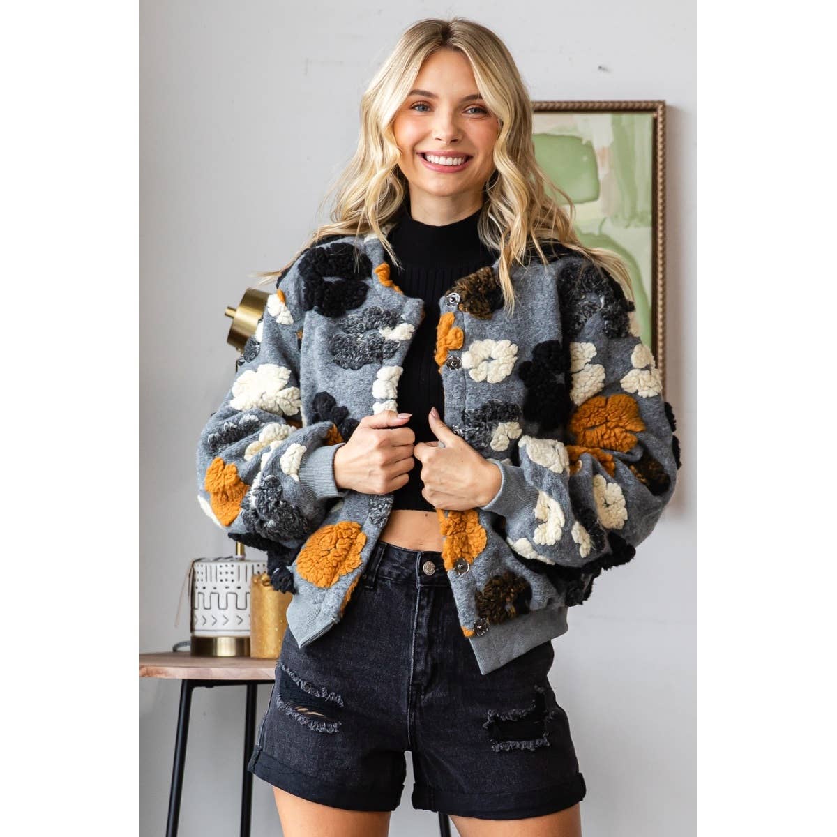 Felted Flower Puff Sleeve Button Jacket