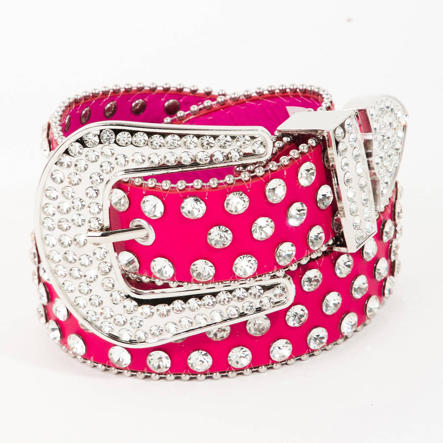 Rhinestone Trim Studded Faux Leather Belt: WH