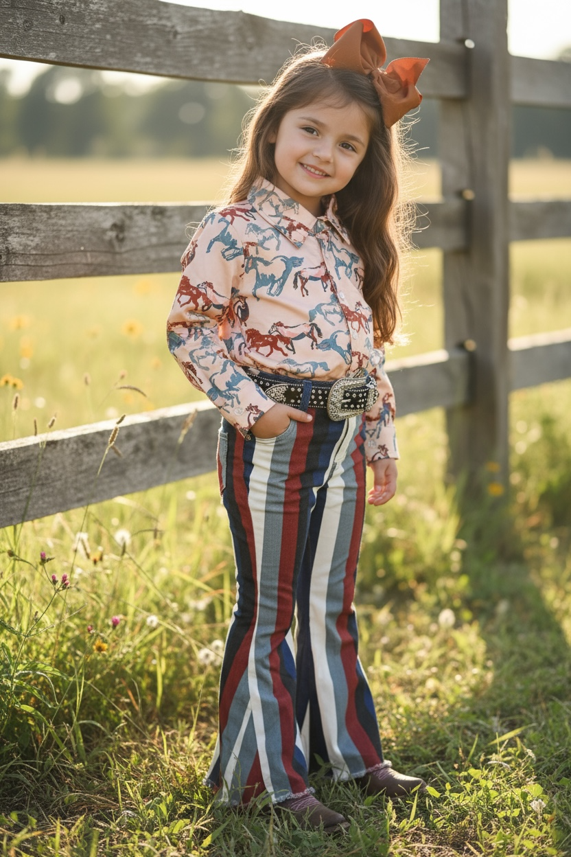 Multi-color stripe printed bootcut denim pants. PNG65153068